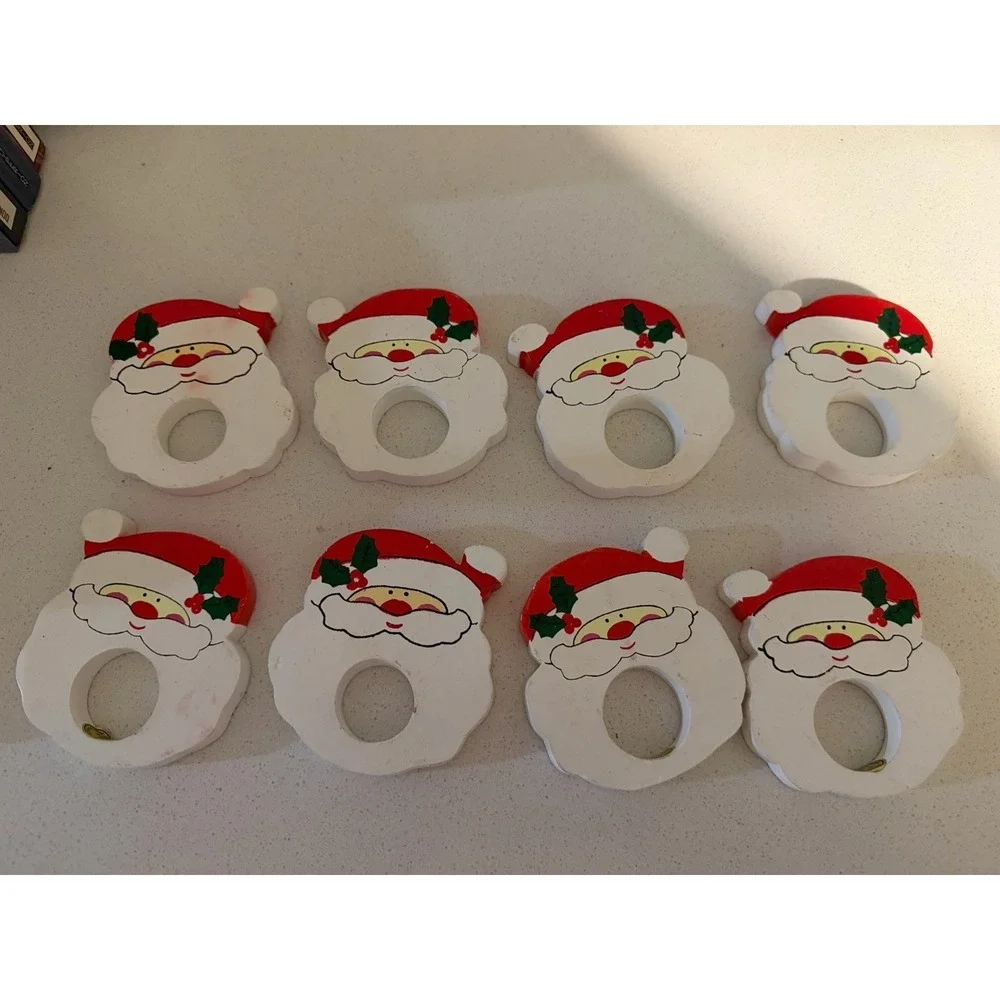 VTG Napkin Rings Wooden Hand Painted Santa Set Of 8